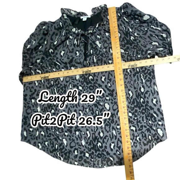bar III Blouse 3X Sheer Keyhole Front Tie Ruffled Neckline Gray Leopard Long Slv - Picture 2 of 11